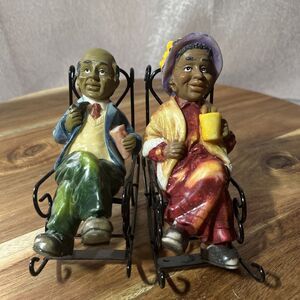 Folk Art Grandpa & Grandma Sitting In Metal Rocking Chair Metal Folk Art